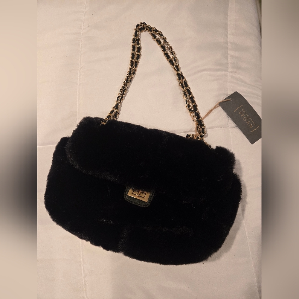 Black Faux Fur Chain Shoulder Bag